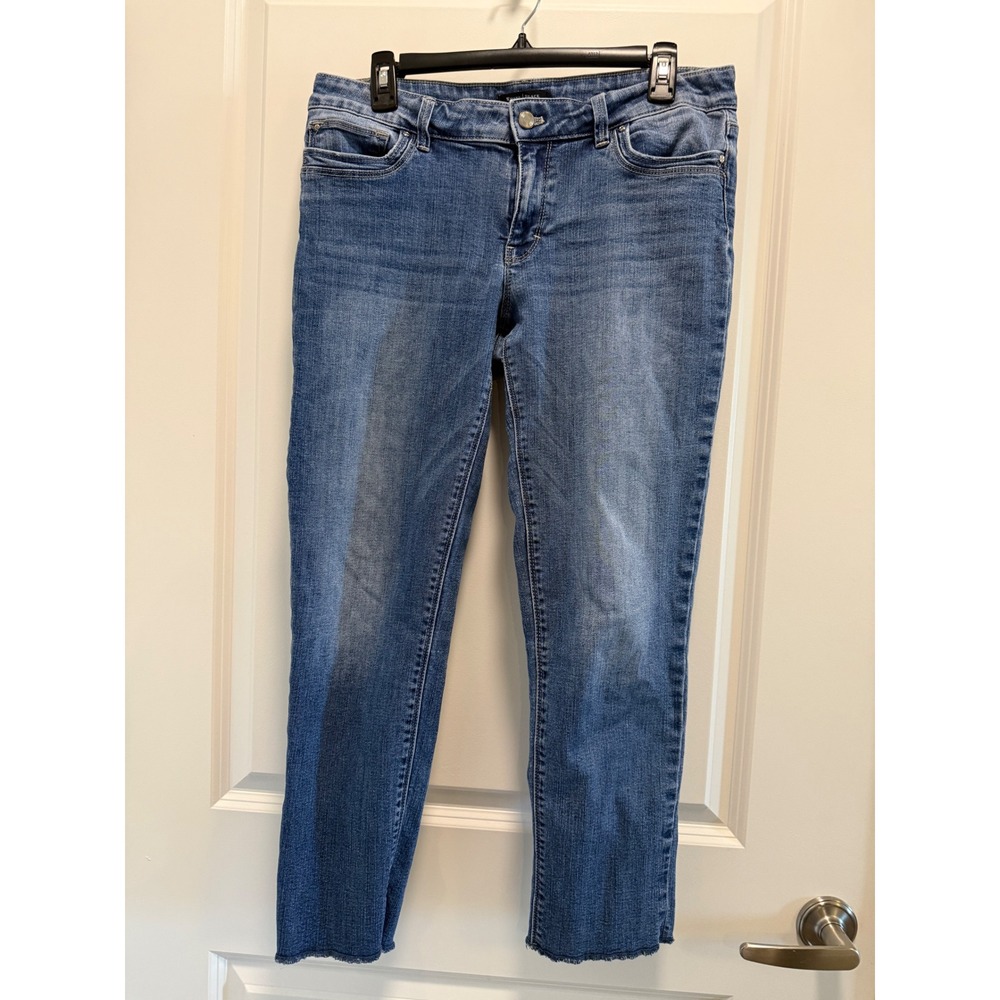 White House Black‎ Market Slim Crop Jeans Medium Wash Raw Hem Blue Denim Size 10
